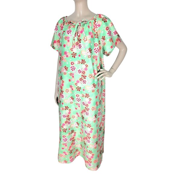 Vintage 60s Green Pink Groovy Floral MOD Boho House Dress Muu Muu Gown Dress - Picture 1 of 9